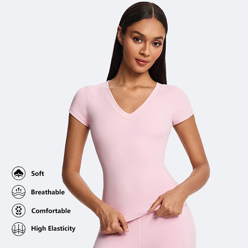 Manufacturer High Quality V-Neck Fitted Sports Gym Fitness Workout Yoga Top Custom Short Sleeve Pilates Lightweight Slim T-shirt