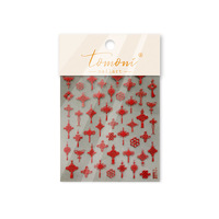 Autocollants pour ongles en cristal 3D - Nœud papillon rouge et or et perle blanche, design français