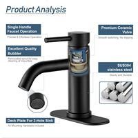 Robinet de lavabo de salle de bain en acier inoxydable 304 noir mat à poignée unique, mitigeur en céramique avec plaque de fixation pour meuble-lavabo et salle de bain de camping-car