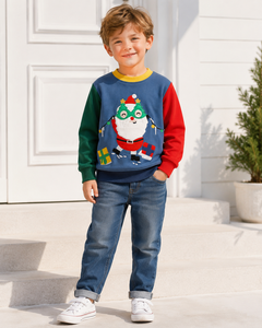 <span class=keywords><strong>Sweat</strong></span>-shirt de Noël 2026 pour garçons, pull colorblock avec applique Père Noël brodée, en coton, col rond, pour enfants, OEM - Product Image 2
