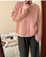 Cardigan en cachemire tissé sur mesure pour femme, col rond, manches longues, coupe ample, style décontracté, pour l'hiver, effet doux et fluide