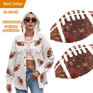 Veste à manches longues à paillettes beige Bubble Gum Texture Football Basketball Baseball Shacket Casual Shirtcolla pour les femmes