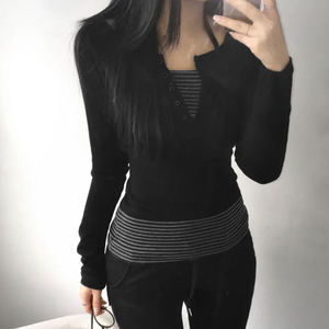 Simple striped halter <b>top</b> with small vest underneath <b>V</b>-<b>neck</b> button-up <b>long</b>-<b>sleeved</b> shirt two-piece set slim-fitting T-shirt - Product Image 2