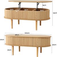 Table basse ovale avec plateau relevable, rangement dissimulé, finition naturelle cannelée, design 2-en-1 avec bords arrondis sécurisés, compatible avec les robots aspirateurs