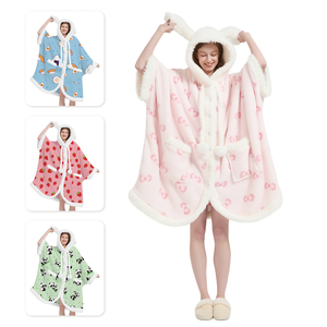 Poncho <span class=keywords><strong>d</strong></span>'intérieur en polaire pour filles <span class=keywords><strong>d</strong></span>'hiver, style dessin animé, avec grandes oreilles de lapin en fausse fourrure, pompons, capuche, <span class=keywords><strong>cape</strong></span>, haut, pyjama - Product Image 6