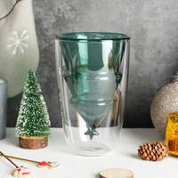 Tasse en verre borosilicate à double paroi LaKotto 280 ml, résistante à la chaleur, motif sapin de Noël, couche intérieure verte, compatible micro-ondes