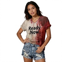 T-shirt personnalisé à col en V et manches courtes, imprimé, coupe ample, tricoté, effet vieilli, motif éclaboussures de peinture et texte graphique, pour tenue décontractée