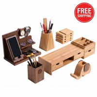 Elegante Soporte de Bambú para Computadora de Escritorio - Conjunto de Accesorios Modernos para Muebles de Oficina con Caja para Cables