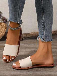 Sandalias Planas de Piel Sintética con Diseño Botánico Beige, Punta Abierta, Colorblock, para Primavera/Verano, Cómodas y Fáciles de Poner, para Mujer - Product Image 4