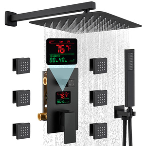 American Style 12-inch Wall-<b>Mounted</b> 304 Stainless Steel Water-powered LED Digital Display Rainfall Shower Head Matte Black BXW-0 - Product Image 3