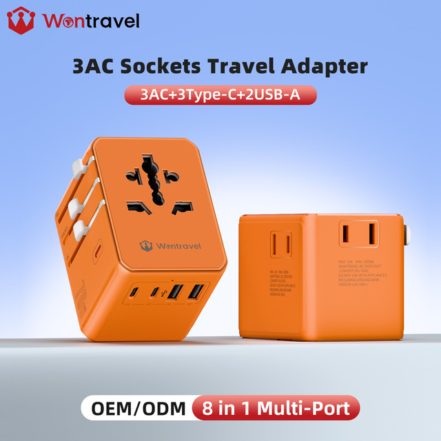 Wontravel Colorful Orange 70W GaN PD Fast Charging 3 Way Multi Plug Socket Universal Travel Adapter with 2USB 3Type C