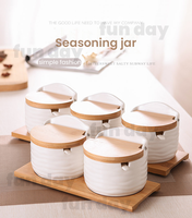 Fournitures de cuisine sucrier en céramique blanche assaisonnement pot à sel 3 pièces ensemble bambou bois Flip stockage des aliments et conteneur