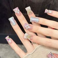 Kuku Akrilik Buatan Tangan Pink Black French Aurora, Bentuk Kotak, Hiasan 3D Berlian Imitasi Kupu-kupu Bunga Bintang, Hiasan Hati 3D SPA Nail