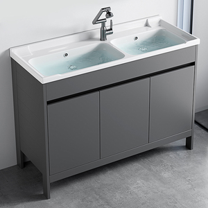Mueble de Baño Independiente con Doble <span class=keywords><strong>Lavabo</strong></span> para Proyectos Hoteleros, Gabinete de Piso Impermeable de Aluminio, <span class=keywords><strong>Lavabo</strong></span> de Cerámica y Gabinete con Espejo - Product Image 6