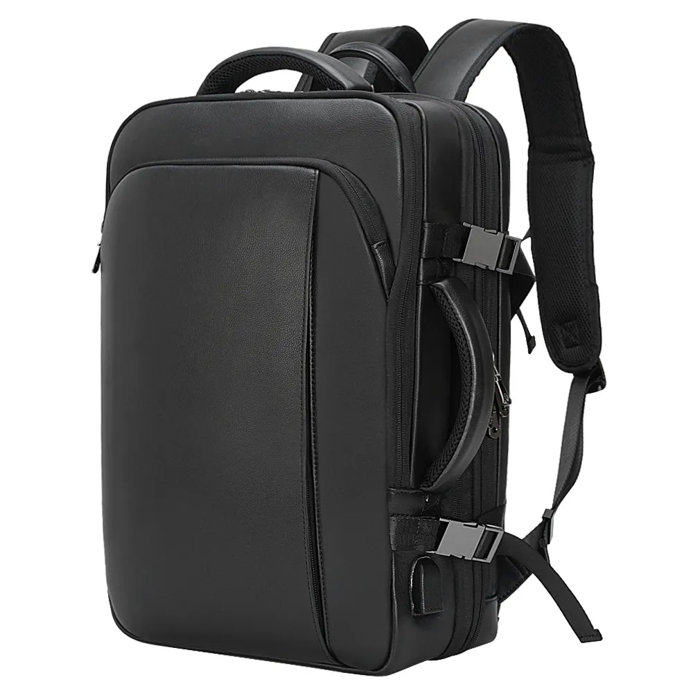 حقيبة ظهر رجالي من الجلد الطبيعي بتصميم جديد 2024 ذات سعة كبيرة وذات سعة كبيرة حقيبة ظهر سوداء من الجلد الطبيعي للسفر