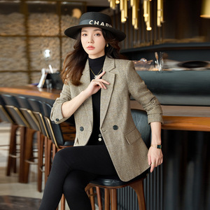 Women's Blazer Khaki Herringbone Wool <b>Blend</b> Slim Fit Anti-Wrinkle Office Wear - Product Image 2