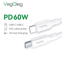 Câble de charge rapide de type C à type C blanc VegGieg avec logo personnalisé, câble USB d'origine pour téléphone portable