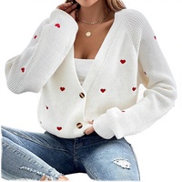Pulls d'hiver pour femmes, mode, broderie personnalisée, motif cœur, style doux, col en V, pull en tricot ample pour femmes