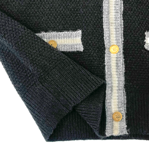 Cardigan en tricot style tweed à col Peter Pan avec bandes contrastantes gris et blanc, motif nid d'abeille noir, pour femme - Nouvelle collection coréenne - Product Image 4