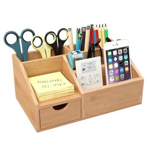 Bamboo Desk Organizer With Drawer Rectangle Multi Purpose Office Storage For Desktop <b>Home</b> Use - Product Image 3