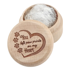 Handmade Wooden Circle Pet Hair <b>Keepsake</b> <b>Box</b> With Paw Prints Heart Design For Dogs - Product Image 1