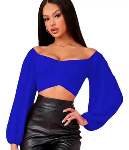 2022 Stand Alone in Europe and America Women's Off Shoulder Cross Tie Solid Long Sleeve Short Top Women