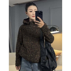 Women's Leopard Print Hooded Sweatshirt Zipper Front Knitted Breathable Casual Wear - Product Image 1
