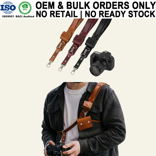 Manufacturer OEM Real Leather Camera Neck/Shoulder Strap with SD Cards Storage Pouch for Professional & Hobbyist Photographers