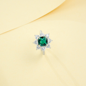 925 Sterling <b>Silver</b> Lab-Created <b>Emerald</b> <b>Ring</b> 8mm Cushion Cut Sunflower Halo Statement <b>Ring</b> - Product Image 2