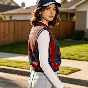 Factory Wholesale <b>Ladies</b> Vertical Striped Cotton <b>Knit</b> <b>Waistcoat</b> Custom Logo Embroidery High Quality Soft Knitwear Trendy Daily - Product Image 3
