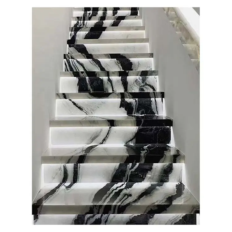 प्राकृतिक संगमरमर दीवार पैनल और सीढ़ी Treads सजावट पांडा सफेद काले नसों संगमरमर सीढ़ी के साथ