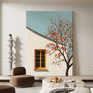 Pintura al Óleo Moderna Minimalista, Árbol de Caqui, Arte de Pared Rectangular Enmarcado, Decoración para Sala de Estar, Fondo de Sofá - Product Image 1