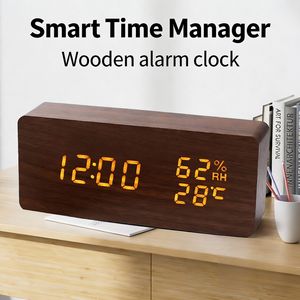 Horloge de table numérique en bois avec affichage LED, surveillance de la température et de l'humidité, commande vocale, alarme, calendriers/date, fonctionne sur piles - Product Image 1