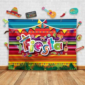 Toile de fond photo Fiesta Mexicaine, rayée et colorée, avec sombrero, <span class=keywords><strong>cactus</strong></span> et guitare, pour la photographie, décoration de fête, personnalisable - Product Image 1