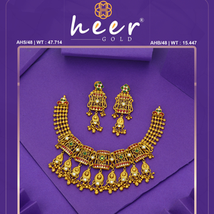 Conjunto de collar de oro tradicional del sur de la India con aretes, diseño de joyería de templo antiguo, para novias, joyería festiva pesada. - Product Image 2