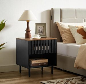 Modern Nightstands Grille Striped Doors Slatted Drawers Metal Legs <b>Bedside</b> Table Decorative End Tables for Living Room Home - Product Image 1
