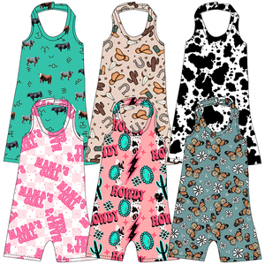 Tutina per Bambine Stile Occidentale con Motivo Mucca, Bretelle al Collo, Stampa Floreale e Cactus, <span class=keywords><strong>Senza</strong></span> <span class=keywords><strong>Maniche</strong></span>, Corta - Product Image 1