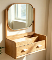 Table de toilette murale moderne en panneaux naturels, vente en gros directe usine, coiffeuse flottante avec miroir incurvé et 2 tiroirs de rangement