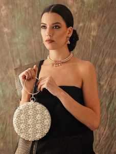 Square Beaded Lightweight Modern Evening Clutch Bag and <b>Jewelry</b> Bag with Ring Handle and Chain Strap Luxury Embroidery Design - Product Image 4