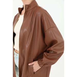 <b>Leather</b> Front Zip Blouson <b>Jacket</b> Women Windproof Full Sleeve Woven <b>Brown</b> - Product Image 6