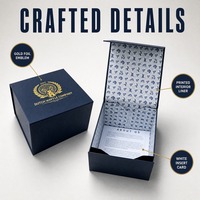 Boîte cadeau alimentaire rigide pliable bleu marine avec logo personnalisé, fermeture magnétique, dorure à chaud, pour chocolats, pâtisseries et snacks gourmands