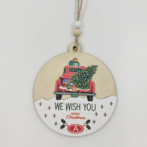 Christmas Wooden <b>Ornaments</b> Round <b>Car</b> Tree Design With Hemp Rope For Home Decoration - Product Image 4