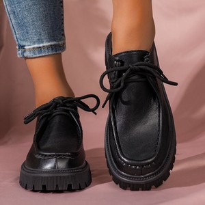 รองเท้าหนังผู้หญิงสไตล์อังกฤษ พื้นหนา รุ่นใหม่ล่าสุดสำหรับฤดูใบไม้ร่วง ส้นสูงแบบย้อนยุค ผูกเชือกด้านหลัง ดีไซน์เรียบหรู - Product Image 4