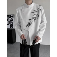 Haut décontracté pour homme style chinois à col montant, imprimé bambou, manches longues, avec boutons grenouille traditionnels