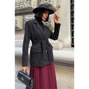 Blazer en daim vintage boutonné avec ceinture, noir, manches longues, veste d'automne pour femme, daim de vache - Product Image 2