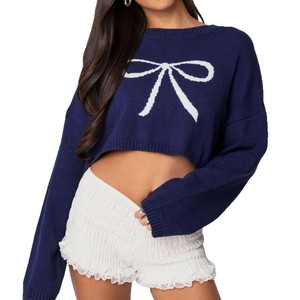 Maglione Corto Casual Morbido da <span class=keywords><strong>Donna</strong></span> Blu Navy con Motivo a Fiocco, Lavorato a Maglia, a Maniche Lunghe, Pullover Autunnale - Product Image 5