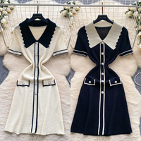 J5590 Boutique Women Dress Fashion Clothing Vendor Women Knitted Short Sleeve Dress POLO Neck Elegant Casual Mini Dresses