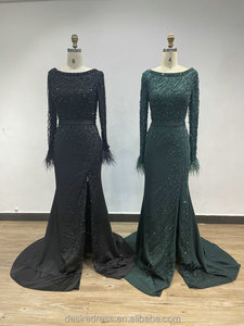 DXM008B eleganti barchetta abiti formali musulmani da <span class=keywords><strong>sera</strong></span> per le donne <span class=keywords><strong>madre</strong></span> sposa perle piume maniche lunghe fino al pavimento - Product Image 6