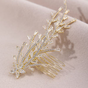 Accessoires de cheveux de mariage scintillants pour femmes, avec motifs floraux, pinces à cheveux dorées et peignes en zircon cubique - Product Image 2