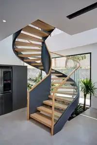 Modern Arc/curved Staircase Wooden Tread Powder Coating Plate Beam Curved/American Style Solid Wood Tread Stairs